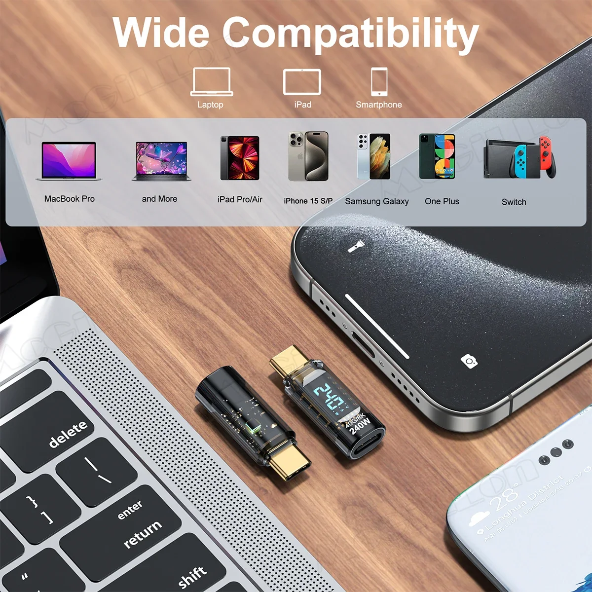 240W USB C Extender Digital LED Wattage Meter 8K Display 40Gbps USB4 Type-C Adapter for Thunderbolt3 Laptop Mobile Phone Charger