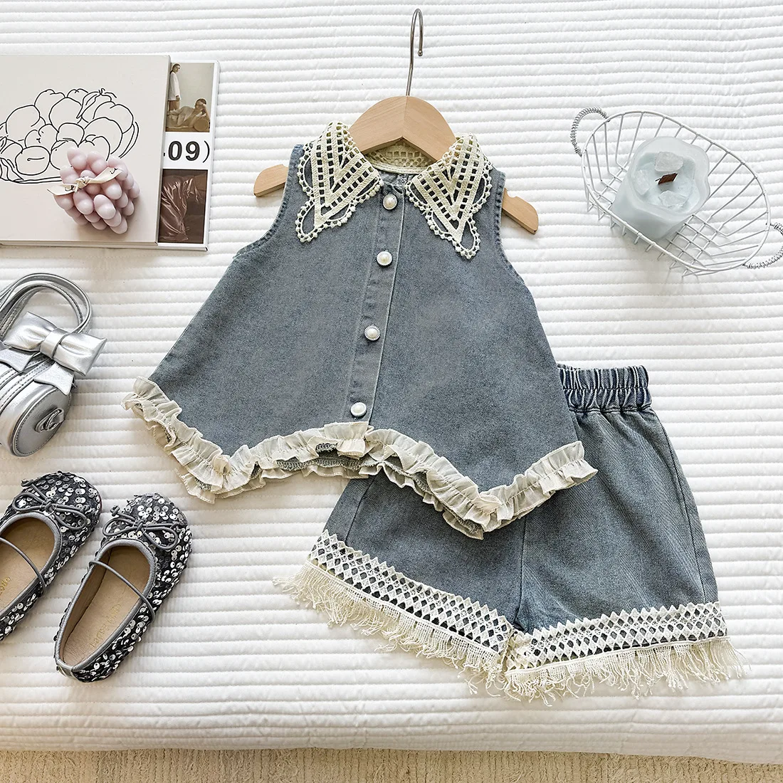 

Летний джинсовый комплект для девочек – топ с кружевным воротником и шорты с бахромой, детская модная одежда в корейском стиле для девочек