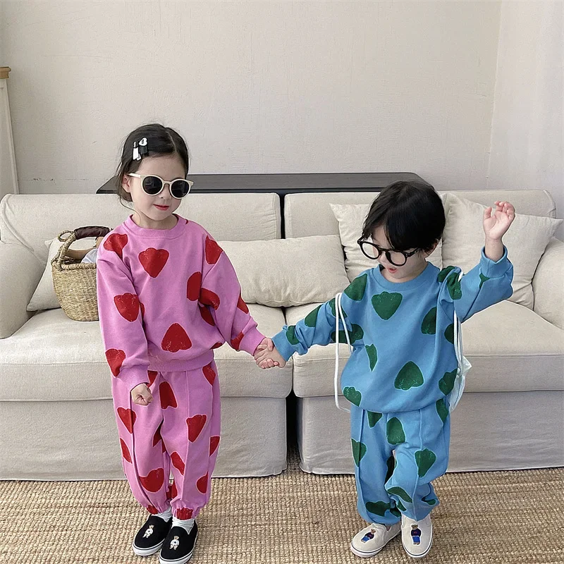 Sister-Brother Clothes 2023 Autumn Boys and Girls Korean Style Full Printed Love Sweatshirt and Sweatpants Siblings Costume Suit