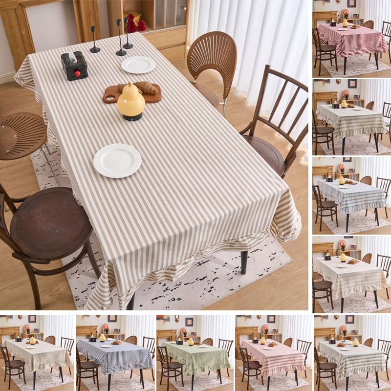 

1PC Elegant Ruffle Hem Tablecloth Retro Stripe Dust Proof Table Cover Breathable Fabric for Dining Table Coffee Table Home Use