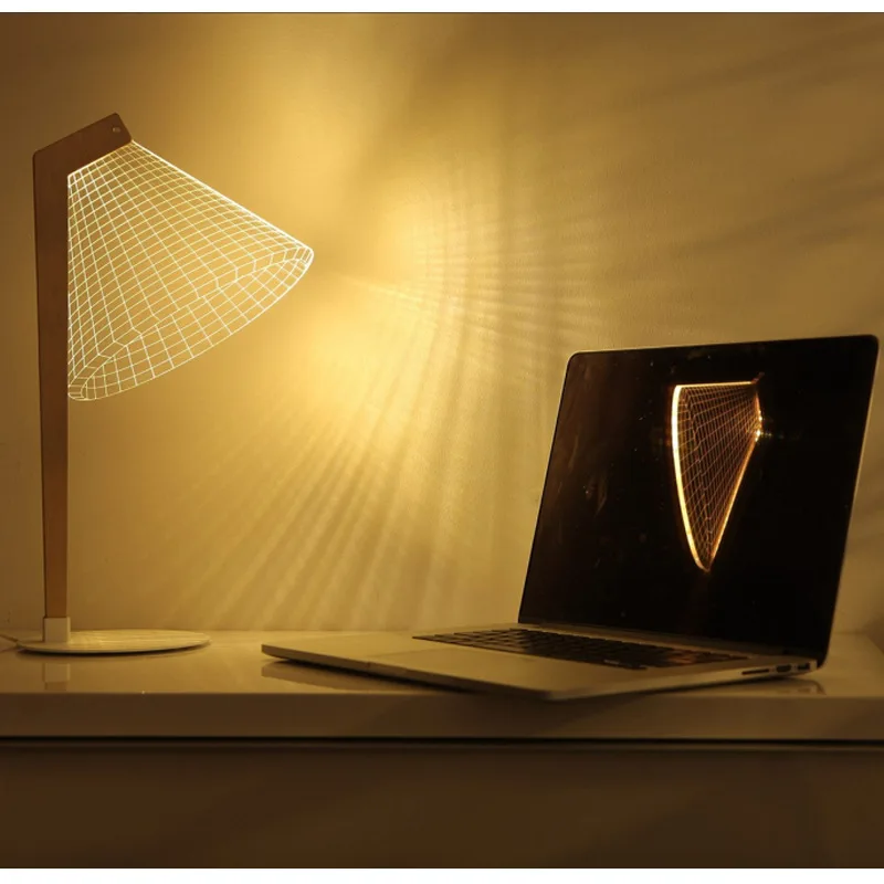 Modern Led Desk Lamp 3D Visual Bend Study Read Table Wooden Bracket Acrylic Board Creative Bedside Decoration Night Stand Light