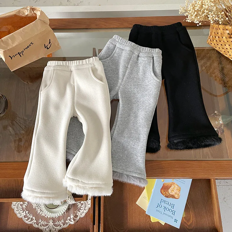 Girls Plush Childrens Pants 2025 Autumn Winter New Korean Edition Plush Plush Micro Pull Baby Warm Pants