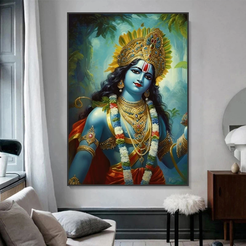 Modern Indian Krishna Hindu God Print Canvas Painting, Krishna Portrait Poster Wall Art for Living Room Bedroom Decor, No Frame