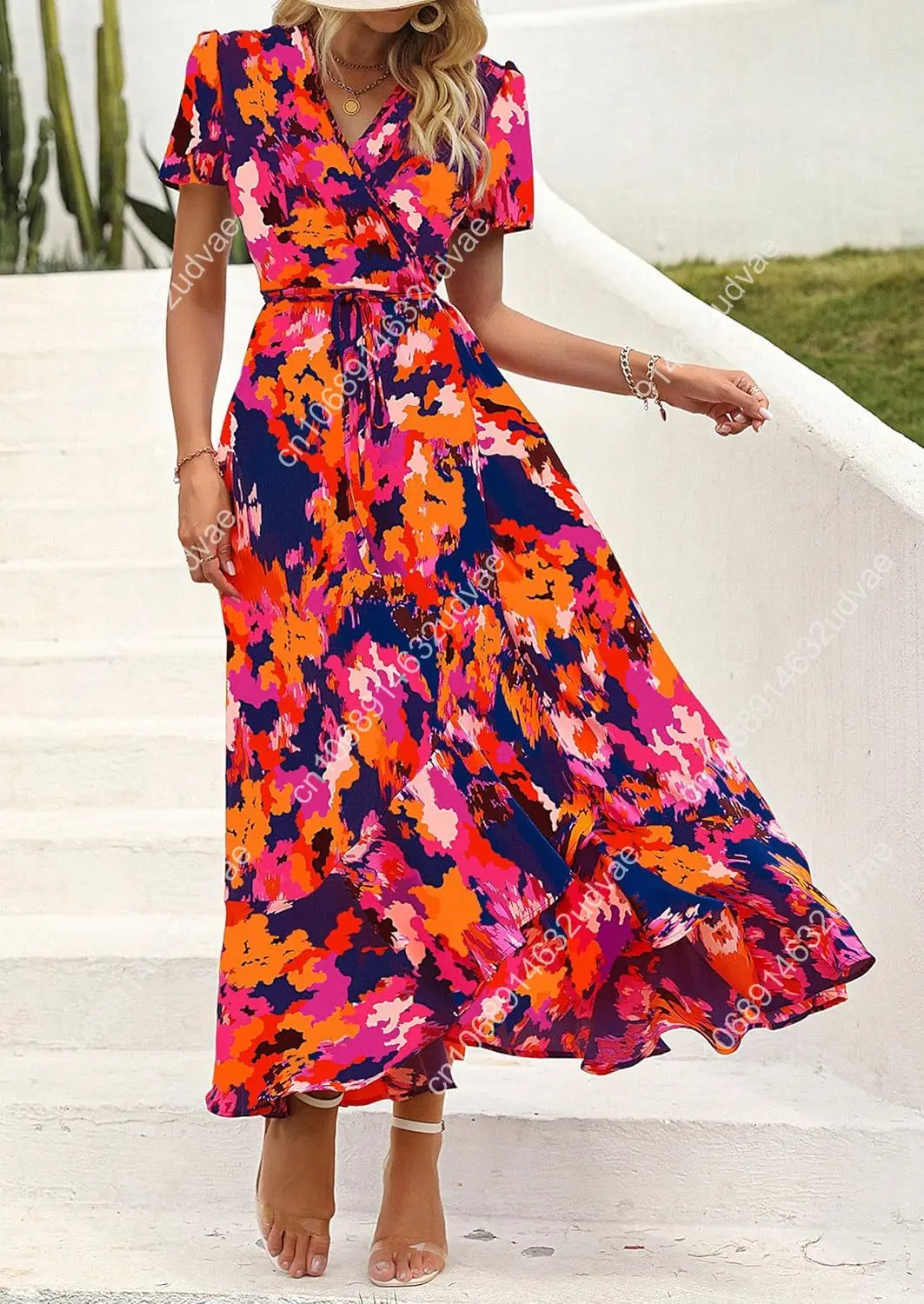 Women's Summer Maxi Dress Casual Wrap Floral Boho Short Sleeve V Neck Split Ruffle Beach Long Dresses