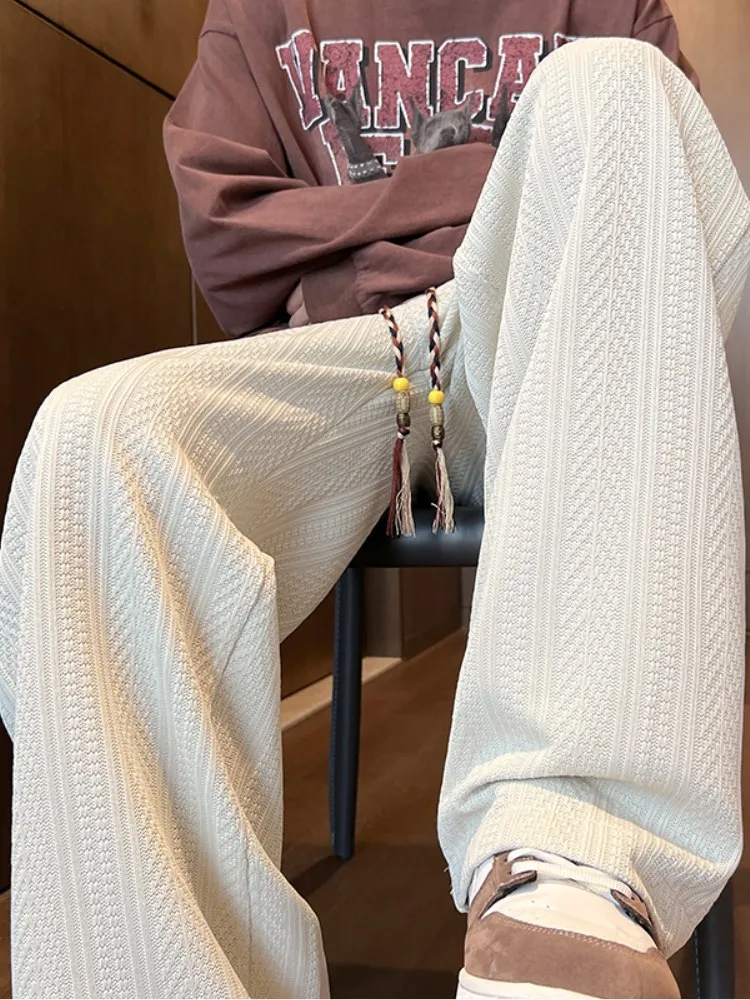 

Мужские осенние тонкие брюки с жатой текстурой, повседневные, свободные, прямые, длинные, в стиле High Street, с широкими штанинами, винтажные, свободного кроя, в пол