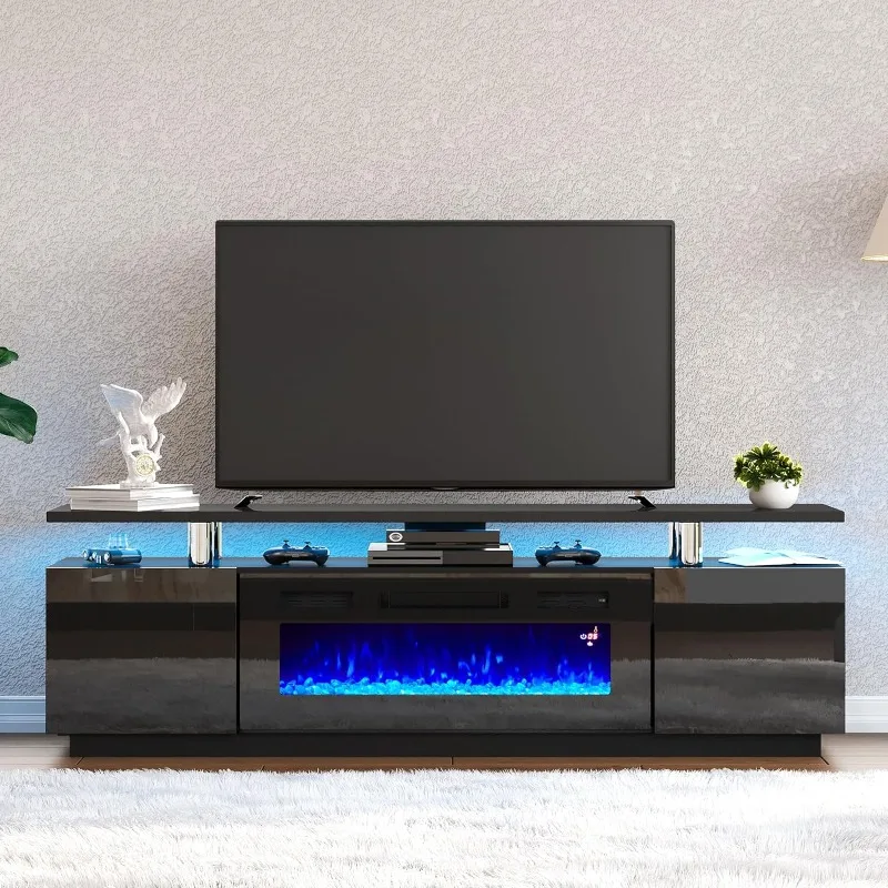 

Fireplace TV Stand with 36" Fireplace, 70" Modern High Gloss Fireplace Entertainment Center LED Lights, 2 Tier TV Console