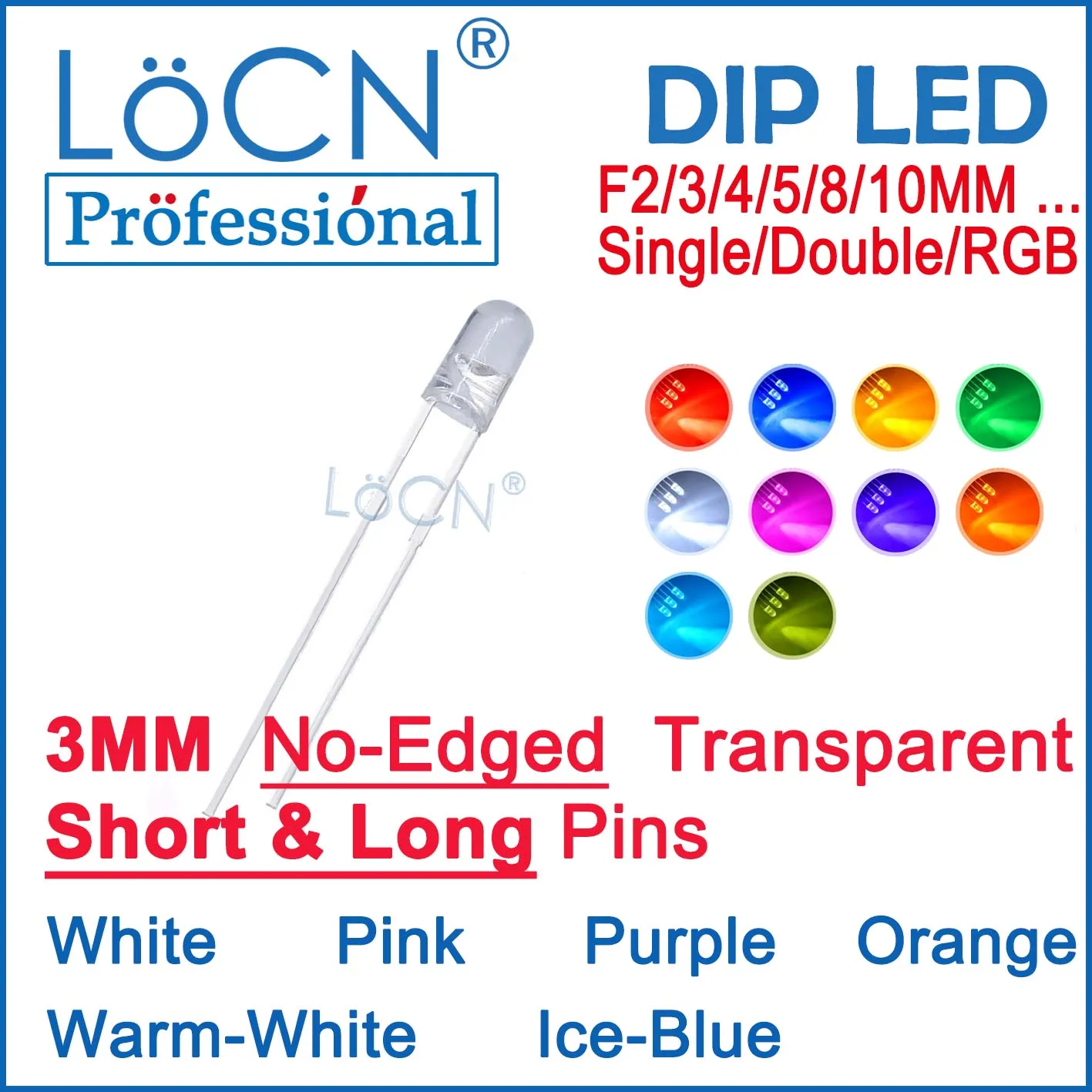 LoCN-diodos LED de inmersión 1000 piezas, 3MM, F3, sin bordes, Blanco cálido, rosa, morado, naranja, azul hielo, pines cortos y largos, transparentes, superbrillantes