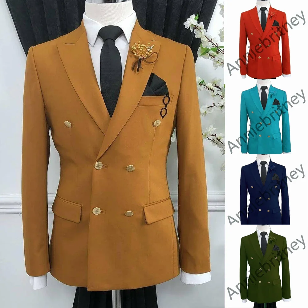 

2024 Khaki Double Breasted Elegant Men Suit Smart Casual Peak Lapel Slim Fit Blazers Business High Quality Custom 2 Piece Set