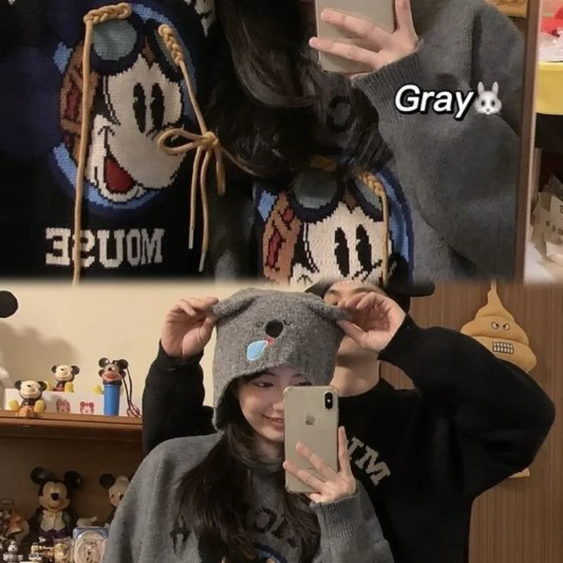 Creative New Kawaii Mickey Print Loose Round Neck Sweater Cute Disney Cartoon Autumn Casual Versatile Drawstring Y2k Sweater image 6