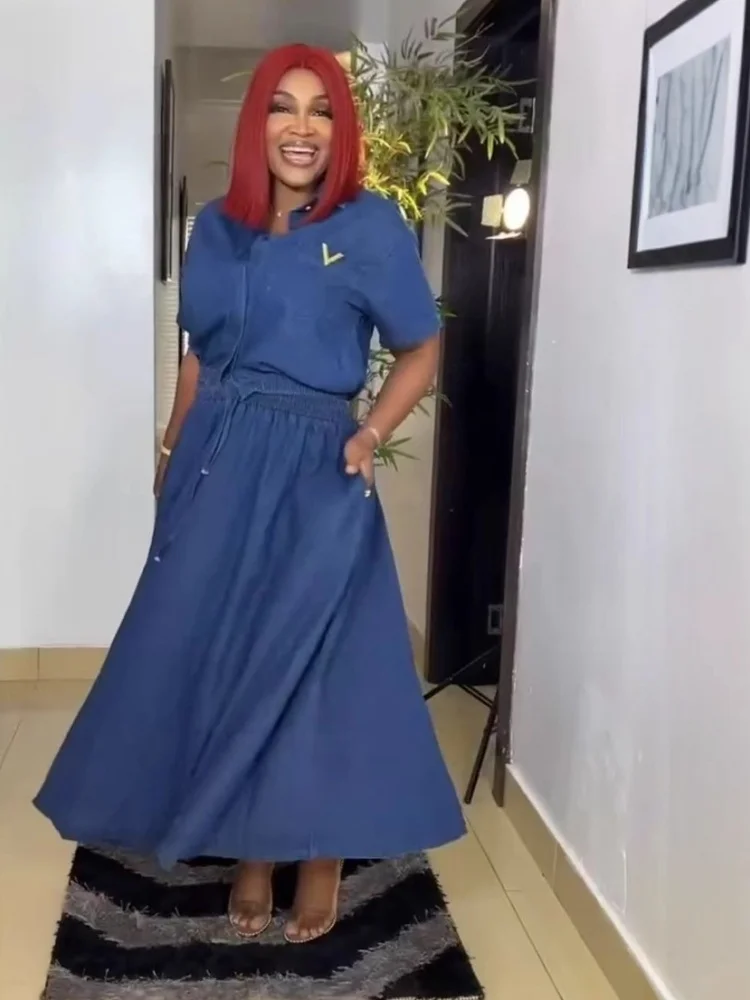 

Wmstar 2025 New Women Fashionable Elegant Pleated Dress Sets Cowboy Solid Color Suit Big Swing Skirt New Short Sleeve