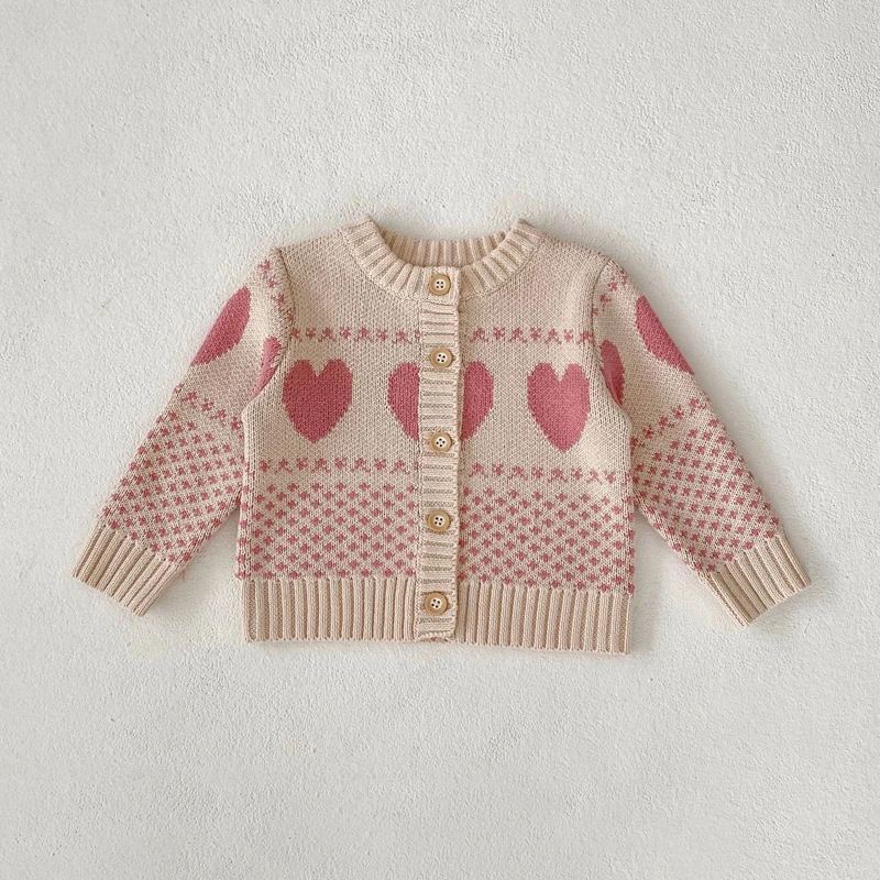 Autumn New 0-3 Year Old Baby Clothing Girl Sweater Set Love Jacquard Two Piece Round Neck Coat+Strap Sweater