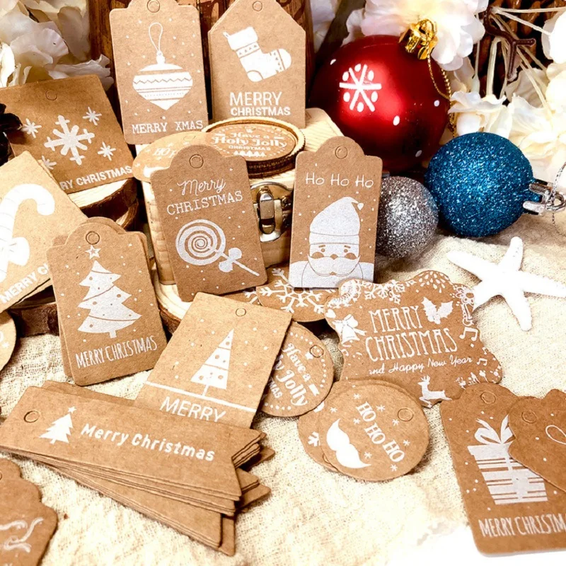 50Pcs Kraft Paper Card Gift Label Tag Xmas Tree Hanging Tag Snowflake Santa Claus Christmas Paper Tags Merry Christmas Tag Decor