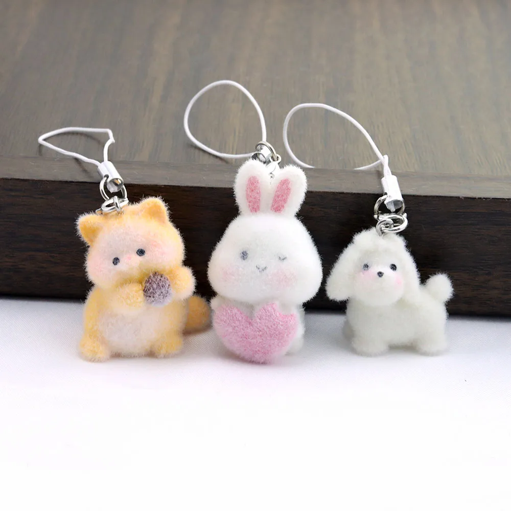 1Pcs Resin Cute Rabbit Lanyard Flocked Animal Phone Chain Pendant DIY Accessories Keychain Materials