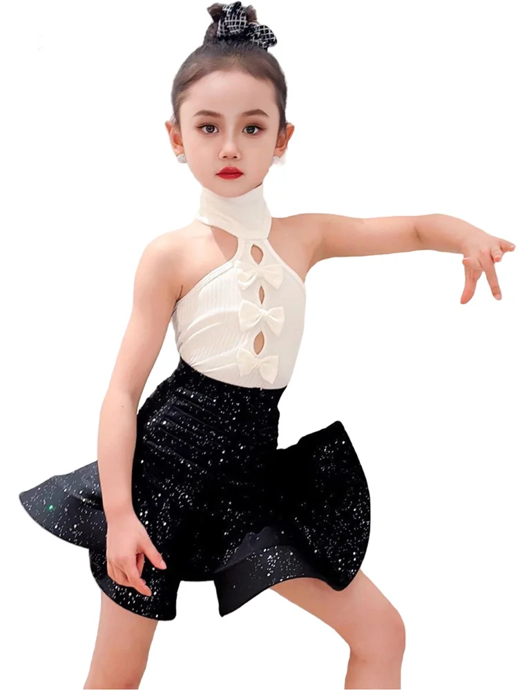 فساتين رقص لاتينية احترافية للأطفال للفتيات، تنورة رسن لامعة، ملابس رقص سامبا السالسا رومبا، فستان أداء للأطفال