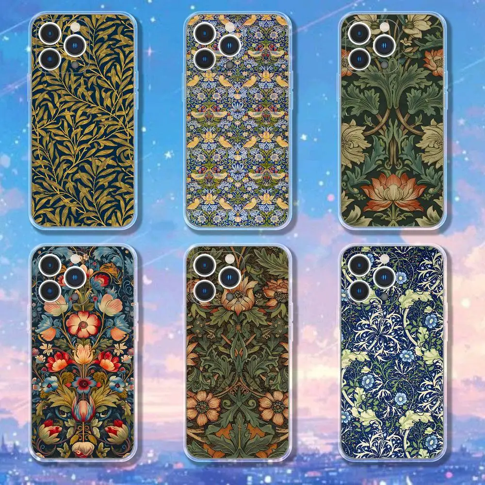 Coque de téléphone William Morris Strawberry Thief pour iPhone17,16,15,14,13,12,11 Pro,Max,Plus,X,XS,XR,SE4,E Mini couverture souple transparente