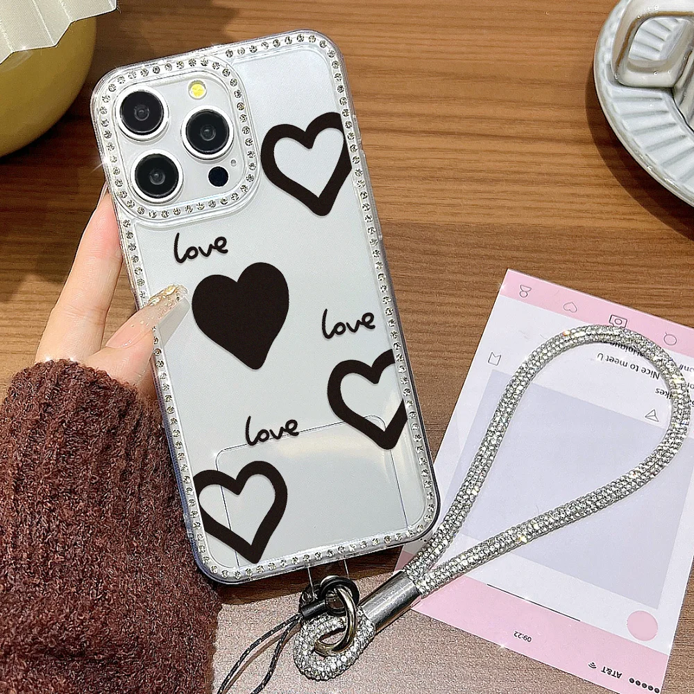 Diamant Liebe Herz Telefon Fall Für iPhone 17 Pro Max 15 16 11 13 14 12 Luft Transparente Stoßfest Abdeckung funda Stoßstange Mit Lanyard