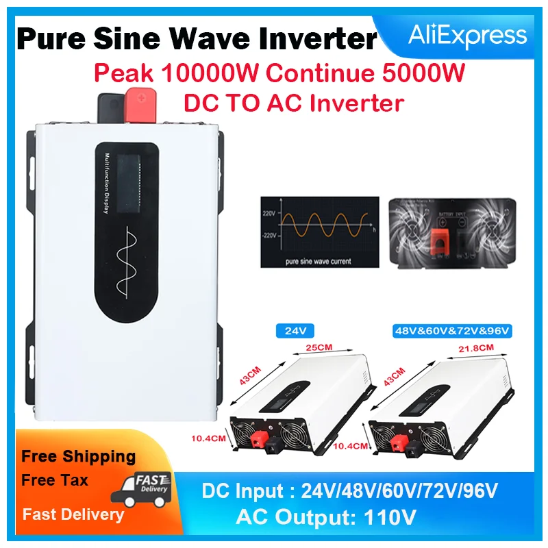 110V Portable Pure Sine Wave Inverter, Continue Power 5000W,Peak Power 10000W,  DC 24V 48V 60V 72V 96V To AC110V, Free Shipping