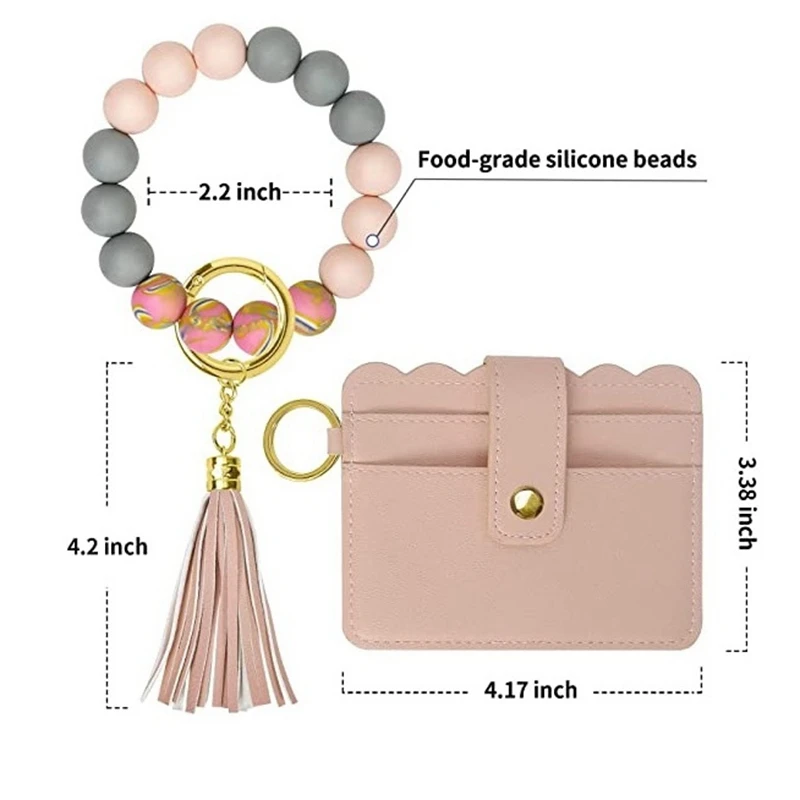 Llavero con borla de silicona para mujer, pulsera con tarjetero, BILLETERA, brazalete con cuentas