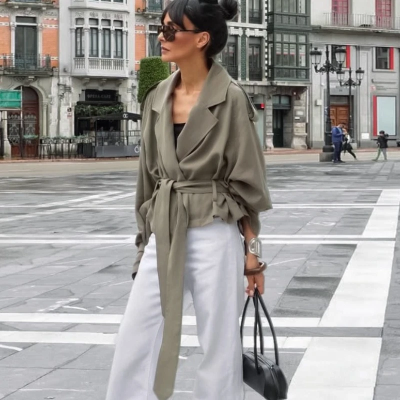 TARUXY Lace Up Pocket Trench Coat Women's Chic Solid Lapel Full Long Sleeves Windbreaker Jacket Autumn Lady New Street Outerwear