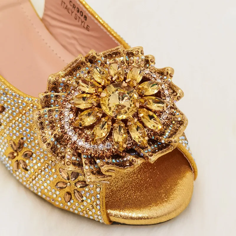 Venus Chan Sandals Woman Summer 2022 Gold Color Rhinestone Low Heel High Quality Party Wedding Shoes and Bag Set