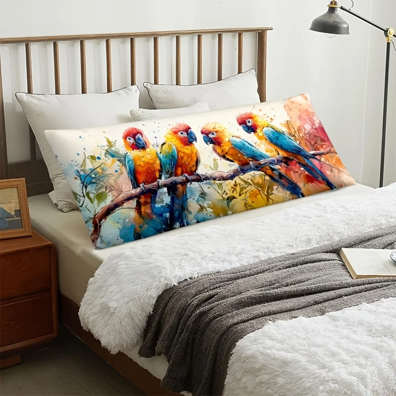 1pc, Modern Watercolor Bird Pillowcase, Low-Allergen Fabric, Machine Washable, Zipper Closure, Double-Sided Print, 137.16 X 50.8