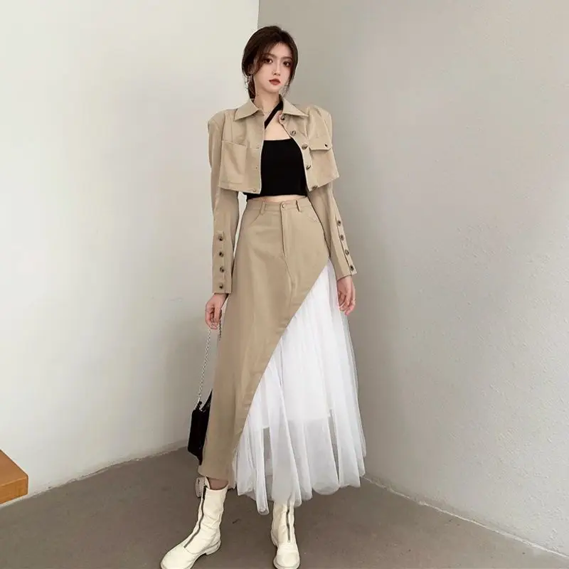 Conjunto de dos piezas para mujer, chaqueta de traje corto, falda de malla de cintura alta, ropa de trabajo, Otoño, nuevo, 2024