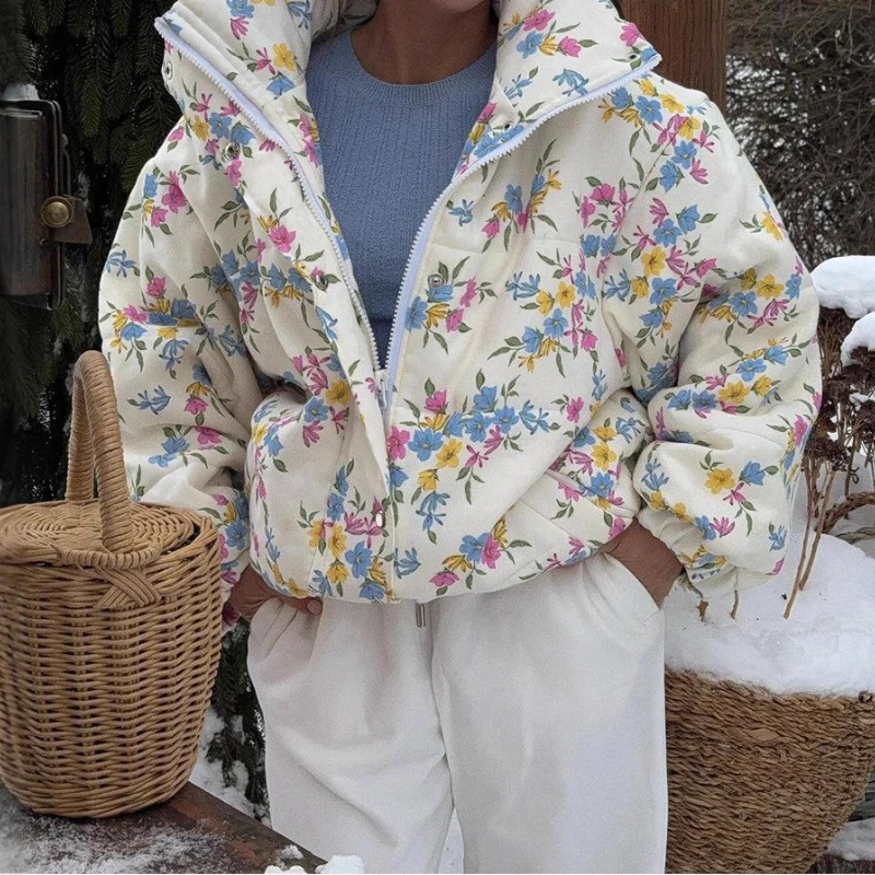 Damska kurtka puchowa oversize ze stójką, zapinana na zamek, z kwiatowym wzorem, ciepła, wypełniona bawełną, płaszcz jesienno-zimowy, nowość 2025