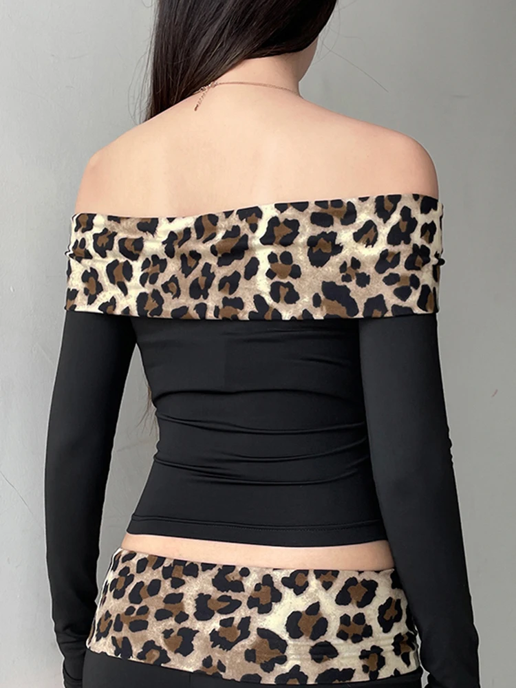 Leopard Patchwork Slash Neck Long Sleeve Slim Cropped T Shirt Women Elegant Fashion Sexy Clothing