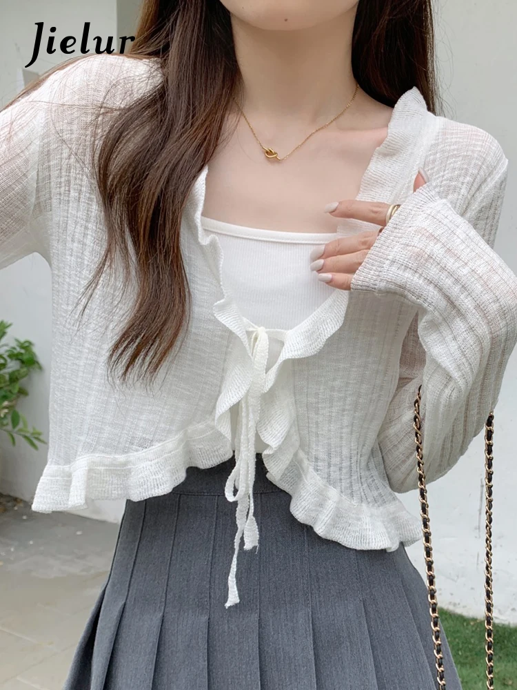 Jielur Autumn New Solid Color Slim Cardigan Woman Sweet Ladies Elegant Cardigan Black Apricot Green White Knitted Cardigan Women