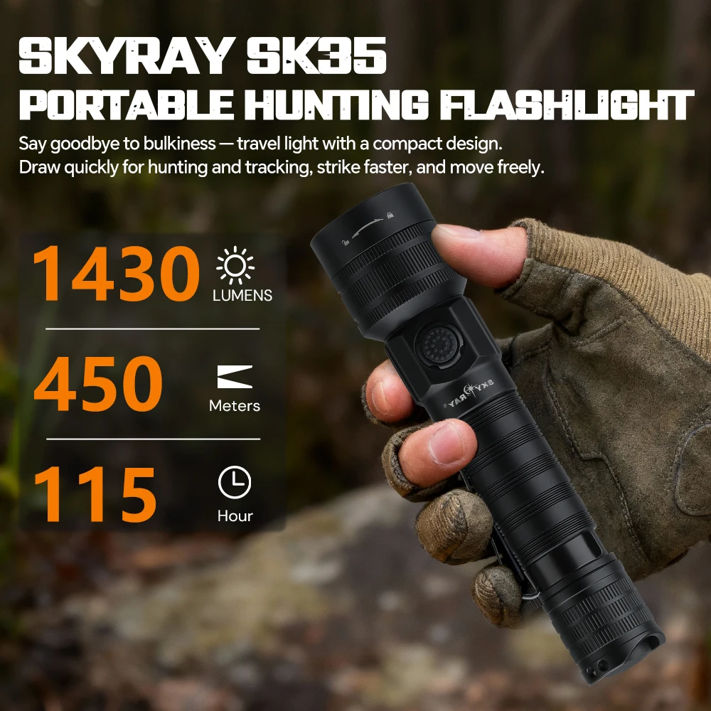 SKYRAY SK35 1430 لومن مصباح يدوي تكتيكي 18650 مصباح صيد محمول تكبير دوار USB C شعلة قابلة لإعادة الشحن مع مفتاح مزدوج