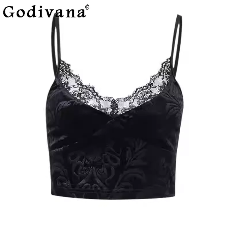 

Street Sexy V-neck Velvet Jacquard Age Reduction Dark Vest Gothic Women's Lace Slim Fashion Versatile Backless Suspender Top