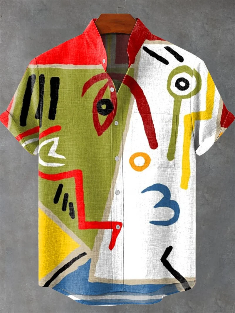 

Летняя волнистая льняная рубашка в стиле ретро с 3D принтом рыбы, повседневная модная льняная мужская гавайская пляжная рубашка с коротким рукавом