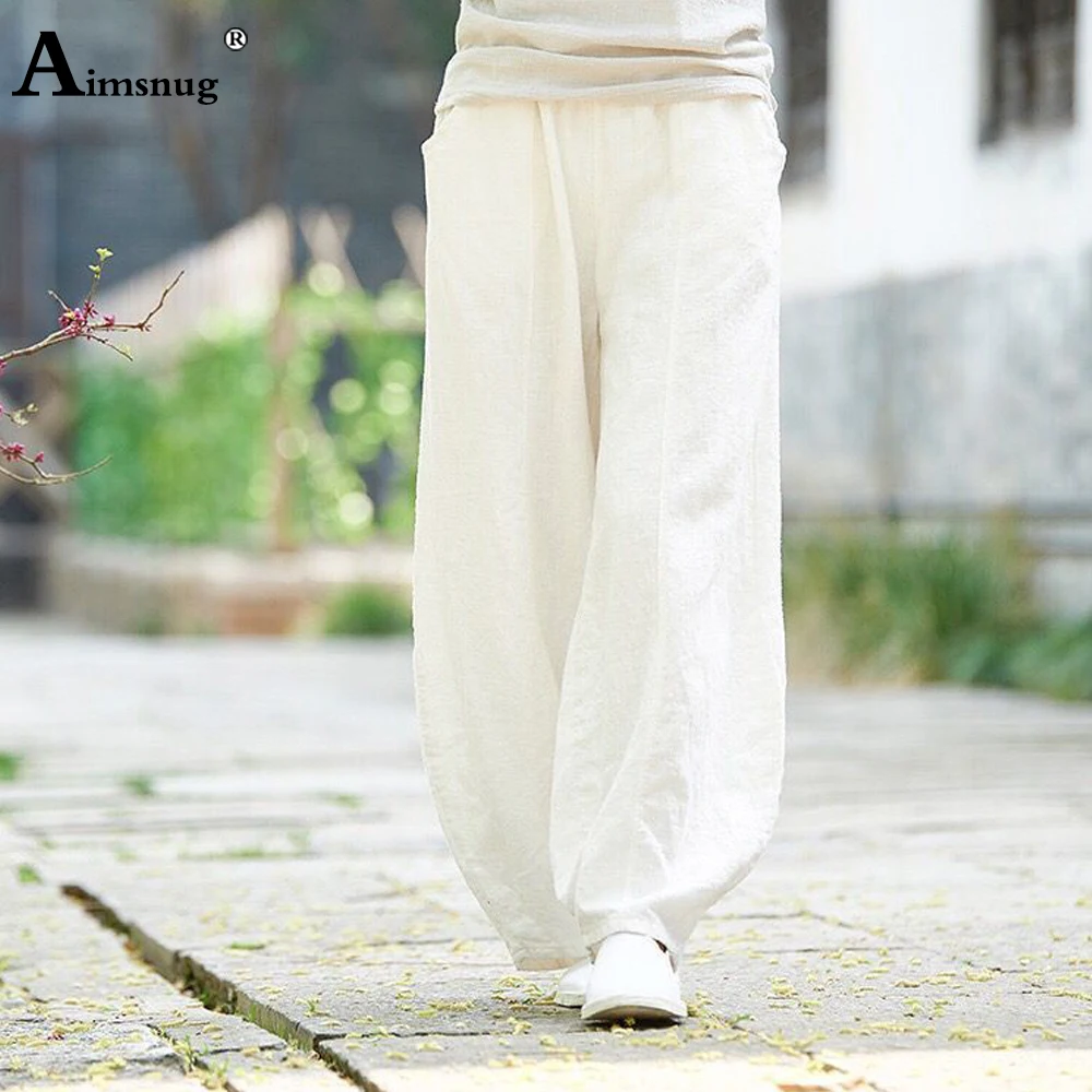 Cotton Linen Bloomers Wide Leg Pants  Large Big 5XLWomen Vintage Full Length Fashion Elegent Pants Solid Elasitic Waist Trousers