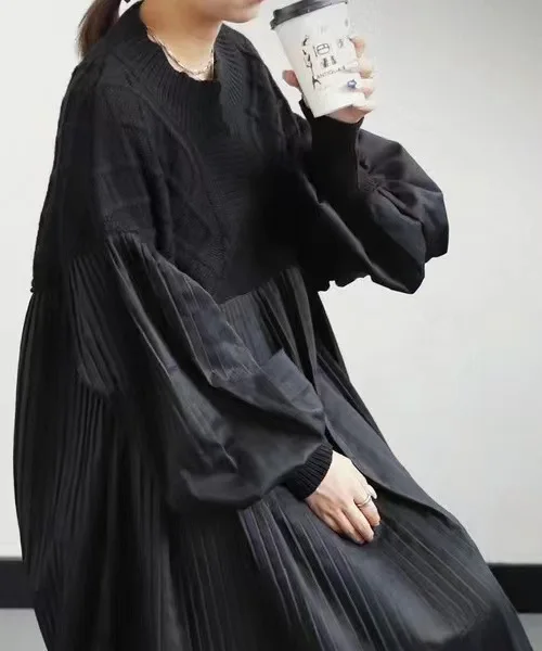 

Japanese Sle Knitted Sweater Dr Bla V-Ne Pleated Diamond Pattern Splicing Long Dr Women's Spring Autumn Faion