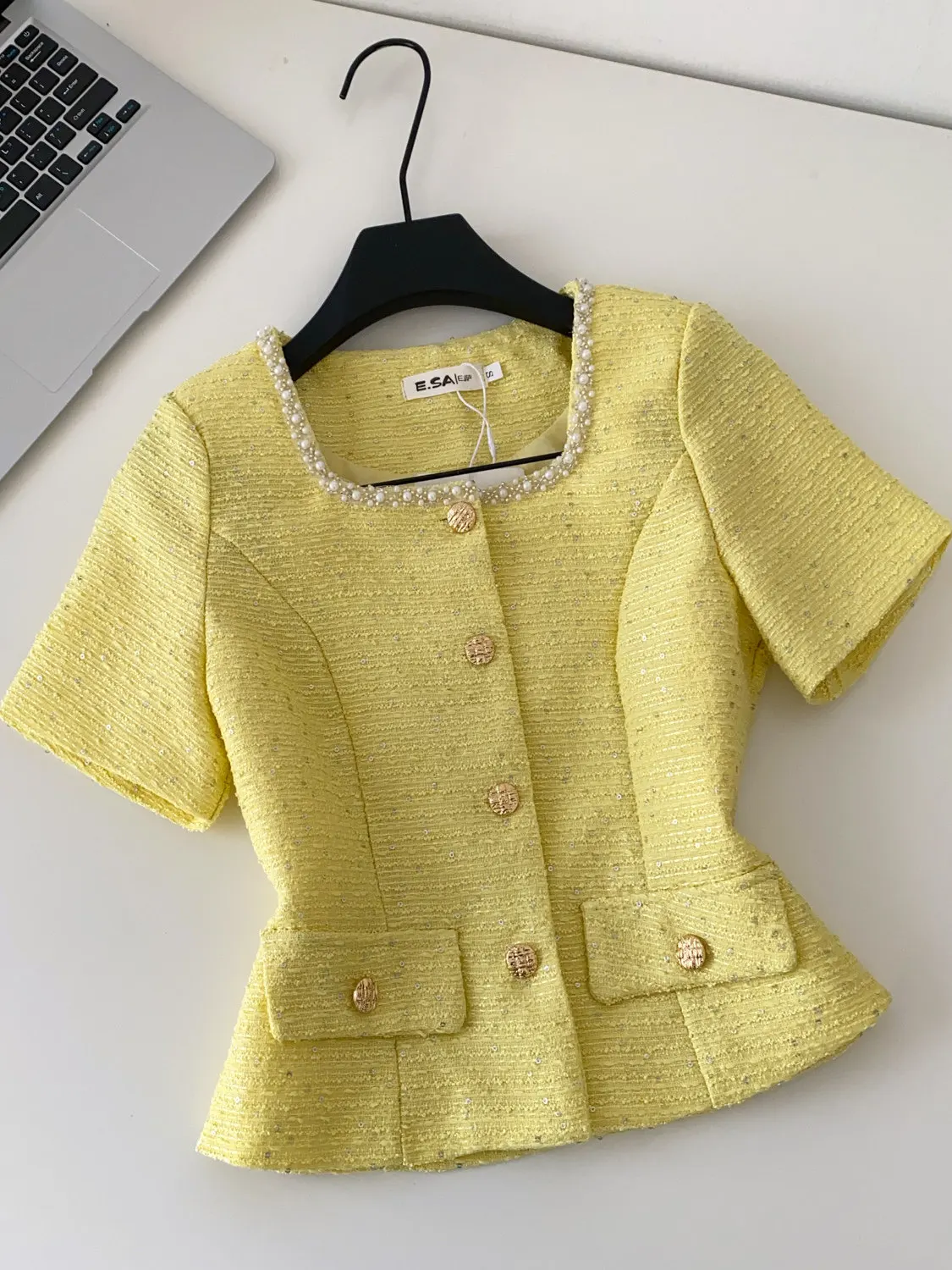 Women's Summer Elegant Beading Square Neck Short Sleeve Slim Tweed Jacket Lady French Style Sequined Single Breasted Outwear Top