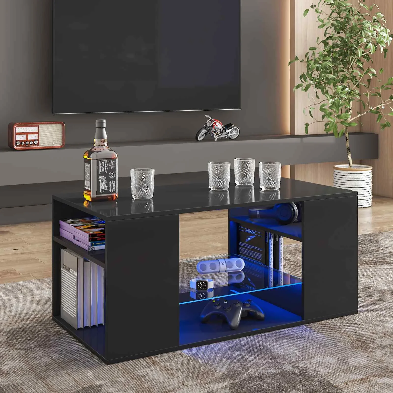 

LED Coffee Tables for Living Room Modern Black with 3 Shelves Open Glass Storage Center Table Sofa Cocktail Table with 16 Colors