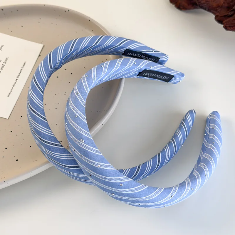 Beach Blue Striped Headbands New Twill Fabric Sponge Hair Hoop for Womans Girls Sweet Elegant Hair Band Fashion Retro Headdress