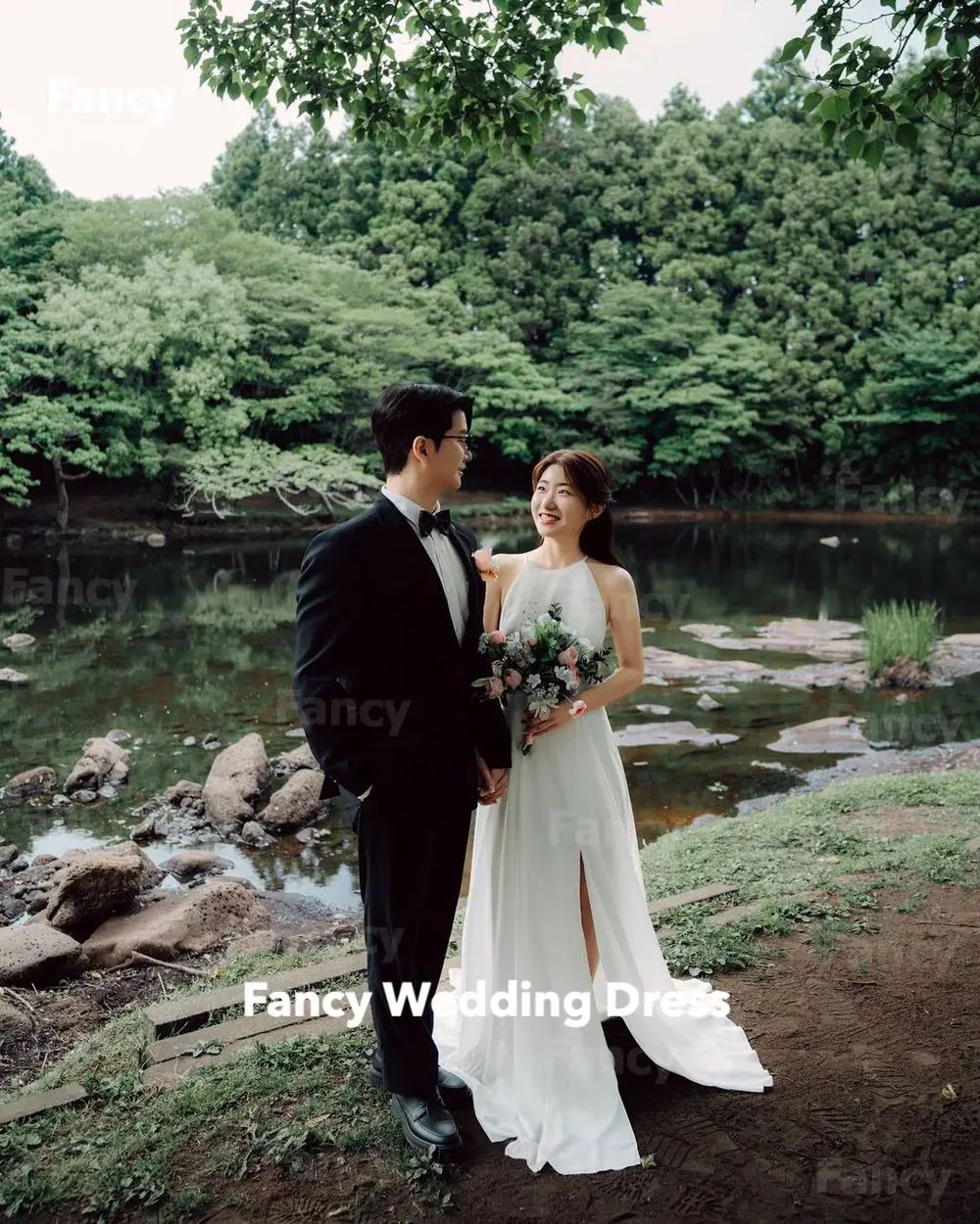 Abito da sposa semplice ed elegante con scollo a O, servizio fotografico coreano, abito da sera con spacco alto, lunghezza del pavimento, personalizzato