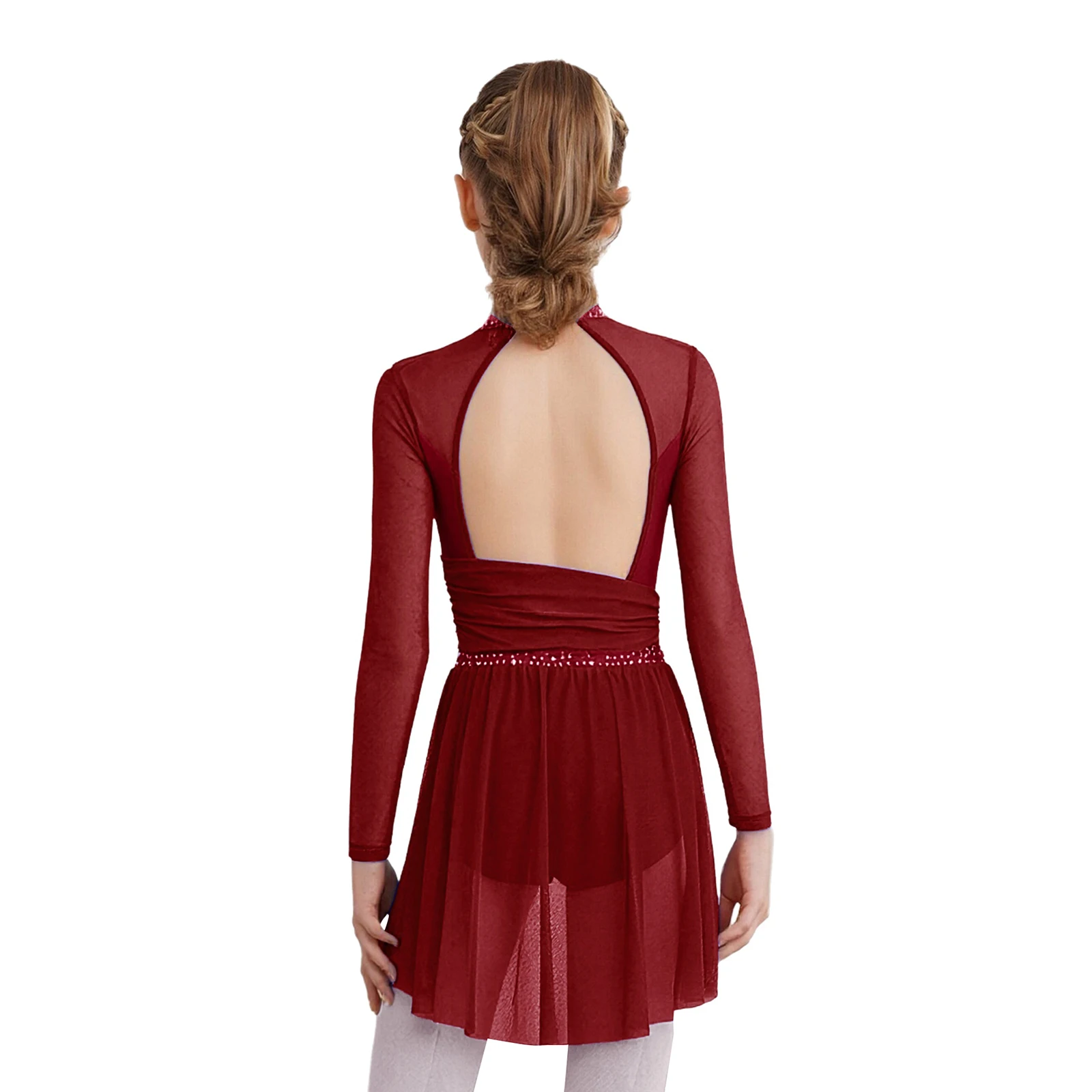 Kids Girls Lyrical Dance Leotard Dress Long Sleeve Cutout Back Side Split Sheer Mesh Ruched Glittery Rhinestones Ballet Dress