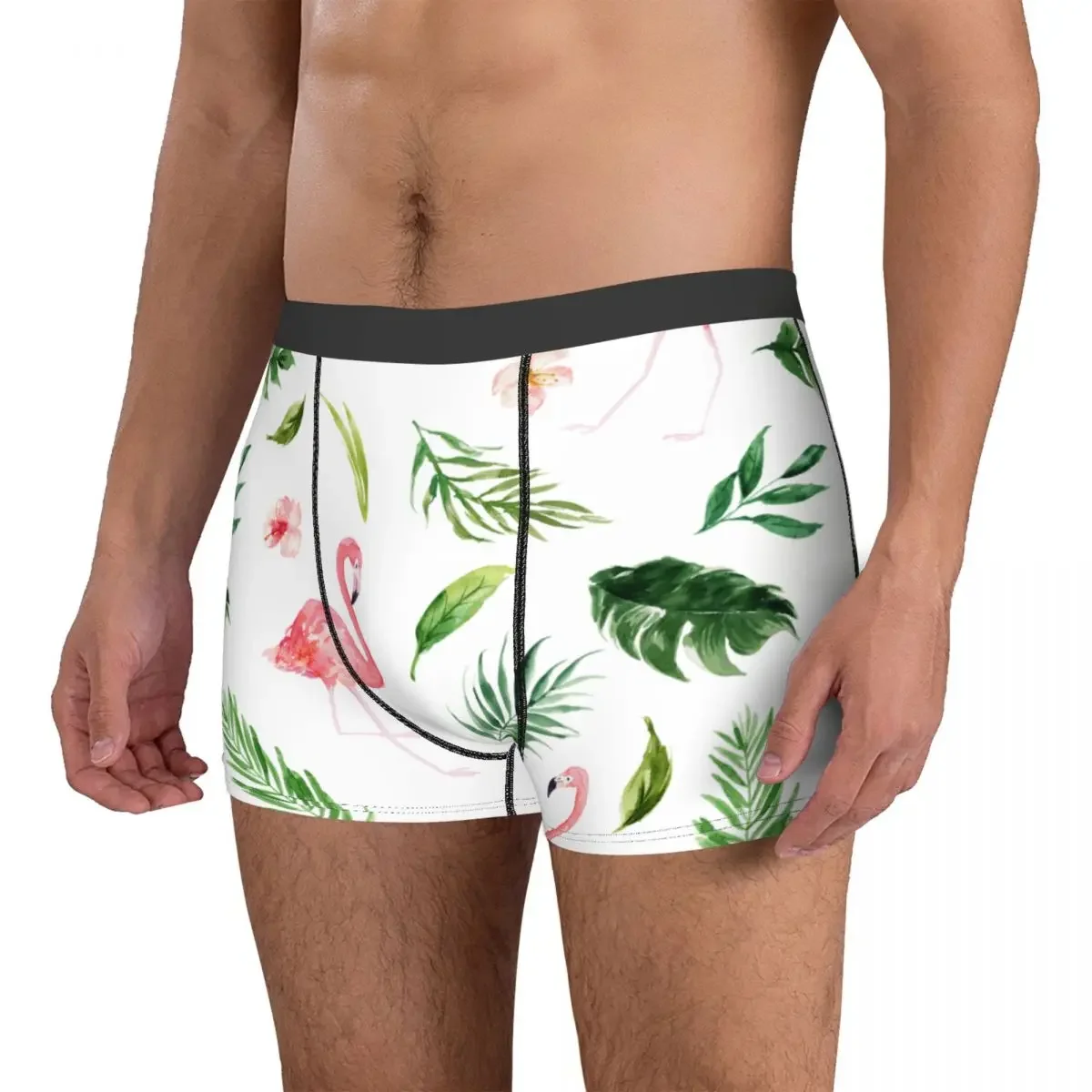 Ropa interior de flamencos tropicales para hombre, calzoncillos divertidos, Bóxer, bragas transpirables, hojas de palma, acuarela