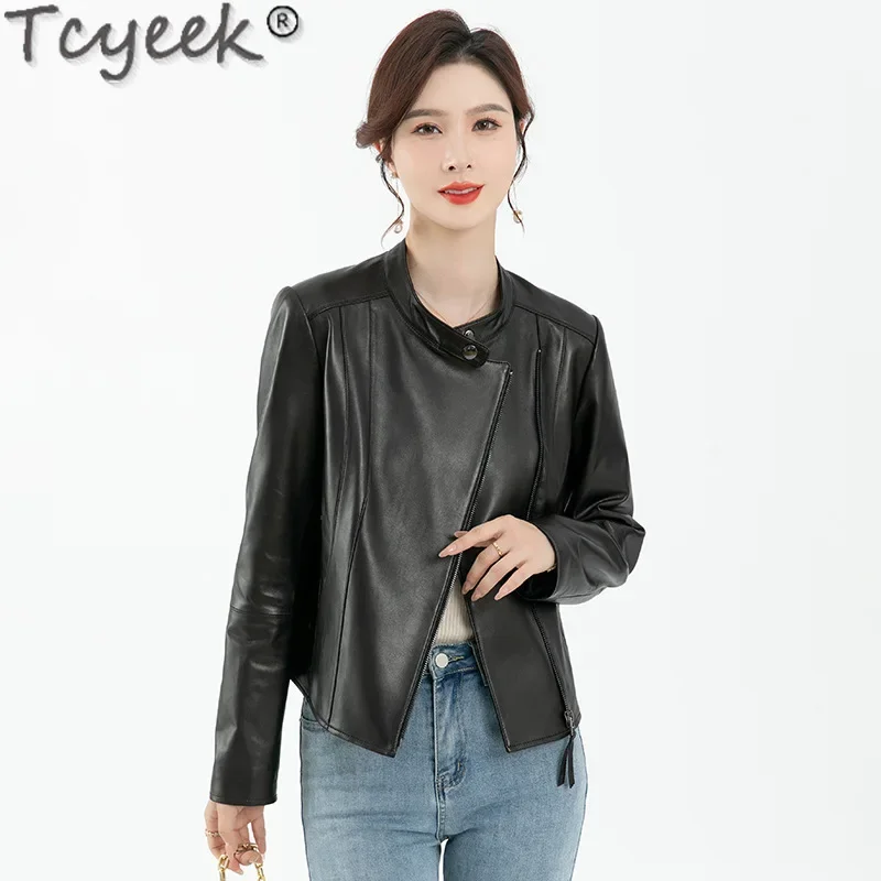 Tcyeek jaket kulit asli untuk wanita, mantel kulit domba warna hitam, jaket musim semi musim gugur 2024