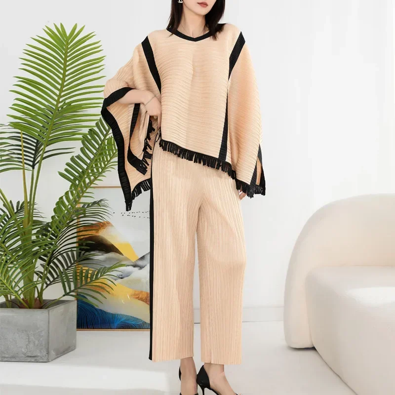 

High-end Pleated Fashion Suit2023Spring New Miyake Bump Color Tassel Cloak Top High Waist Straight Leg Pants Women Two Piece Set