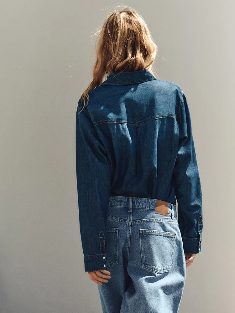 

Spring New Arrival Women's Versatile Single Button Retro Long Sve Collared Denim irt Commute Sle 00% Other Material