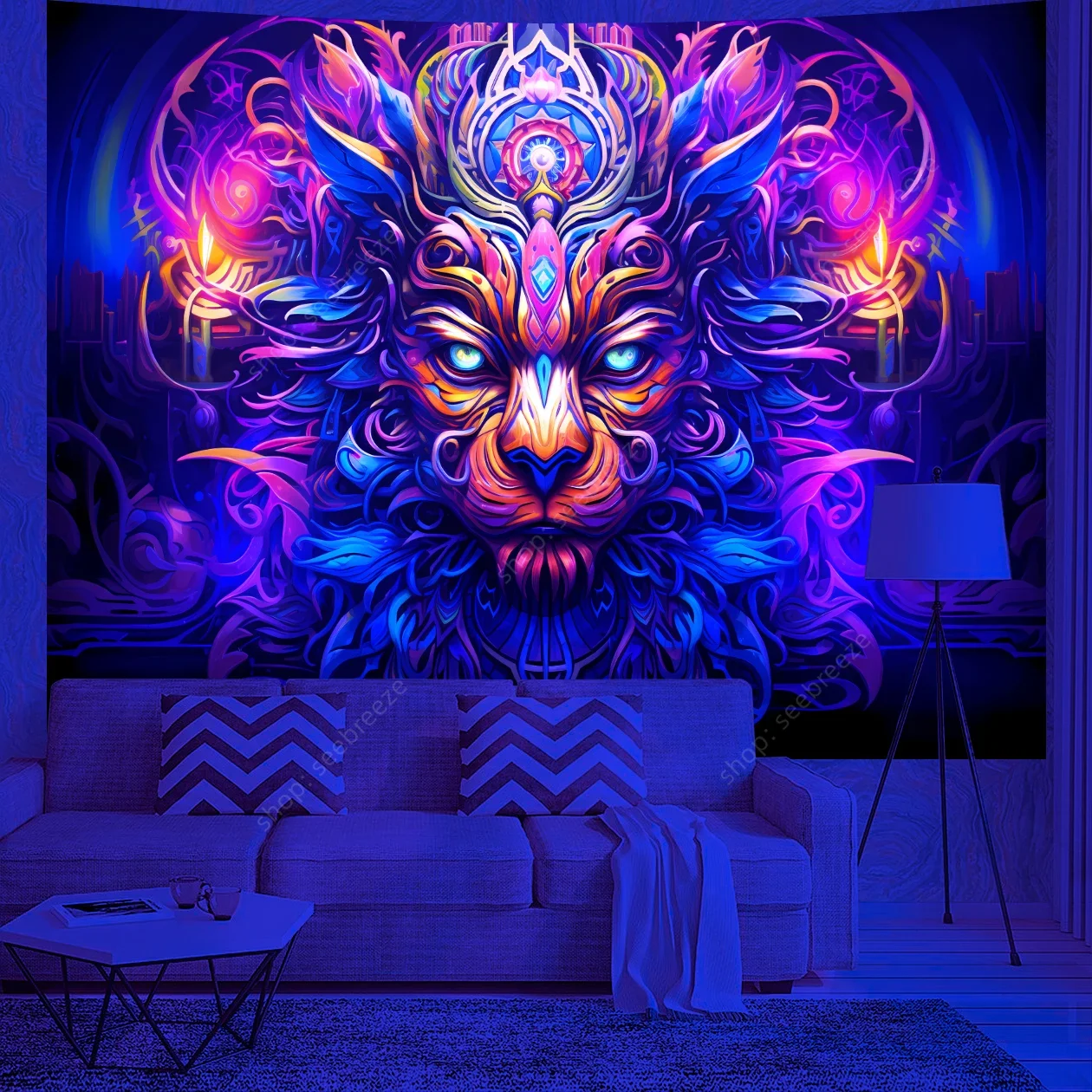 

Psychedelic Animal Tapestry Cool Lion UV Reactive Tapestry Wall Hanging for Hippie Kawaii Room Decor Beach Towel Gift for Friend