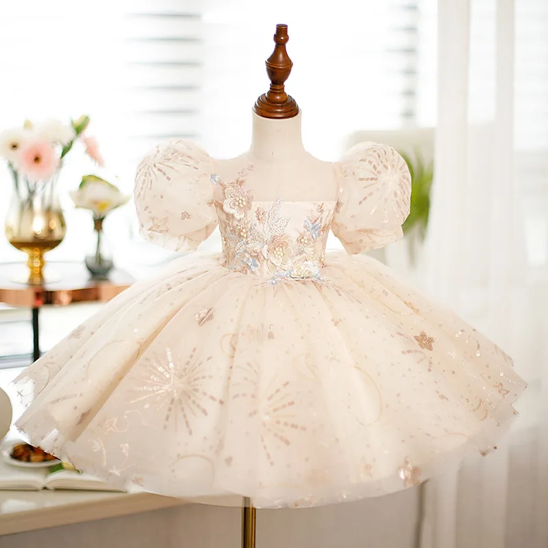 Flower Kids Wedding Princess Dress Luxury Puff Sleeves Baby Girls Birthday Formal Dresses Noble Performance Models Show Ballgown