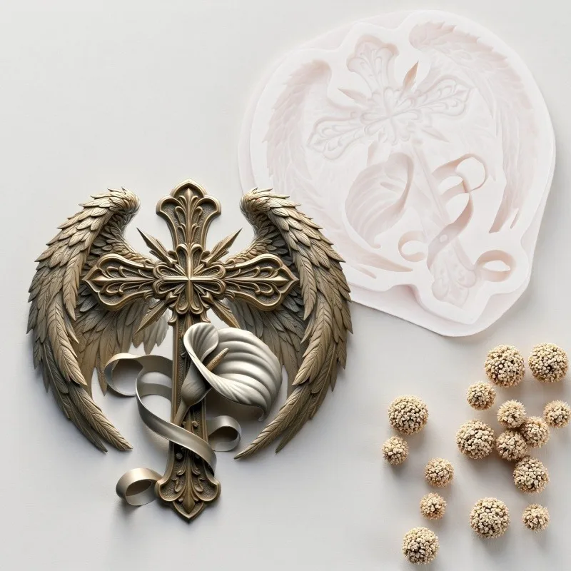 3D Vintage Wing Cross Silicone Mold，Calla Lily Aromatherapy Gypsum Mould,DIY Fondant Cake Decorating Baking Mold chocolate mold