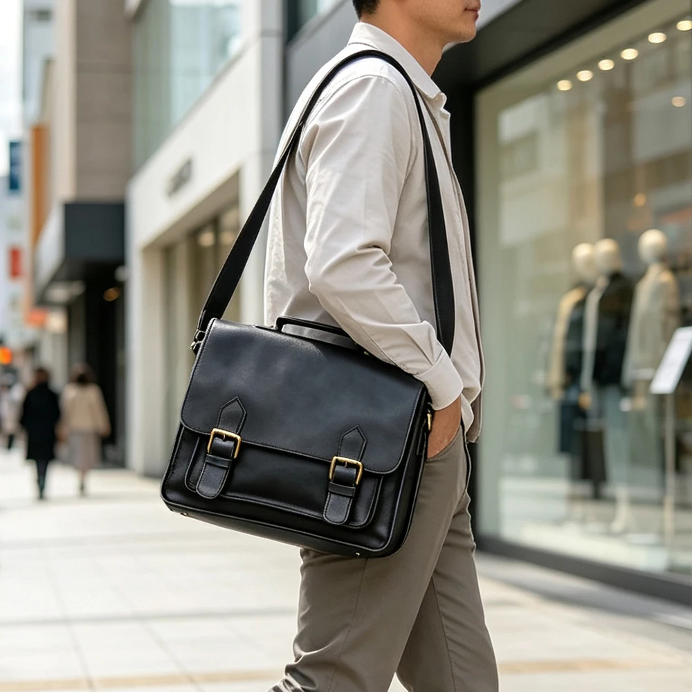 Men's Genuine Leather Briefcase Over-the-Shoulder Bag Large Capacity Postal Bag