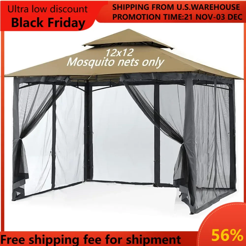 Mosquito Netting for Gazebo Canopy, Replacement Screen Walls Netting with Slip Rings, 4-Door Zipper, Easy to Install Black