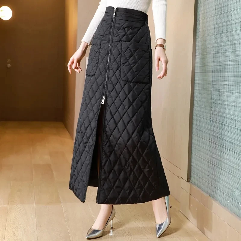 2024 New Spring Autumn Black Zipper Skirt For Women\'s Clothing Casual Wrap Windproof Skirts Winter Warm Down Cotton Skirt