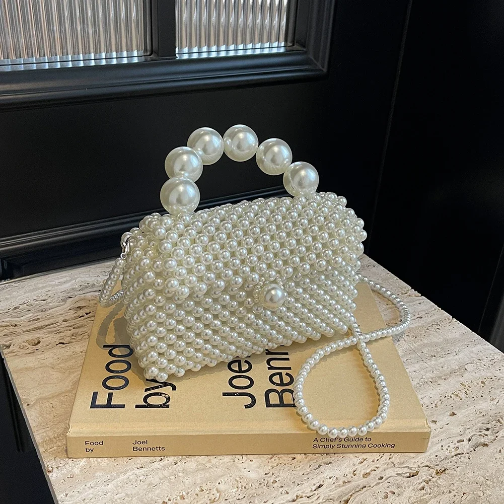 Pearl Evening Bag Handmade Woven Women Shoulder Bag Solid Handbag Clutch Purse Wedding Party Dinner Bag